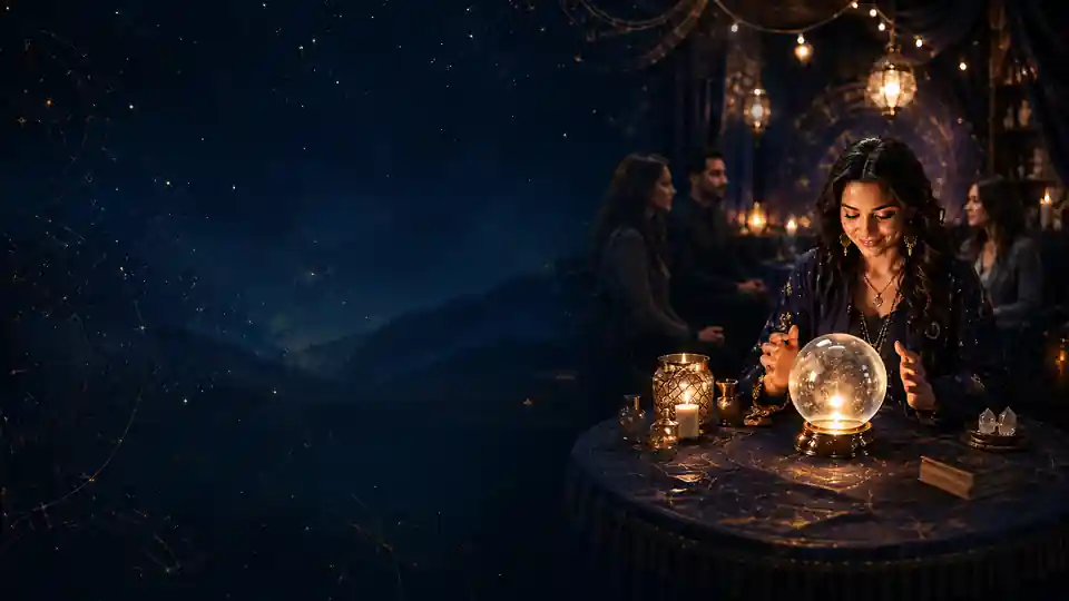 A reader gazing into a glowing crystal ball under a starlit night sky